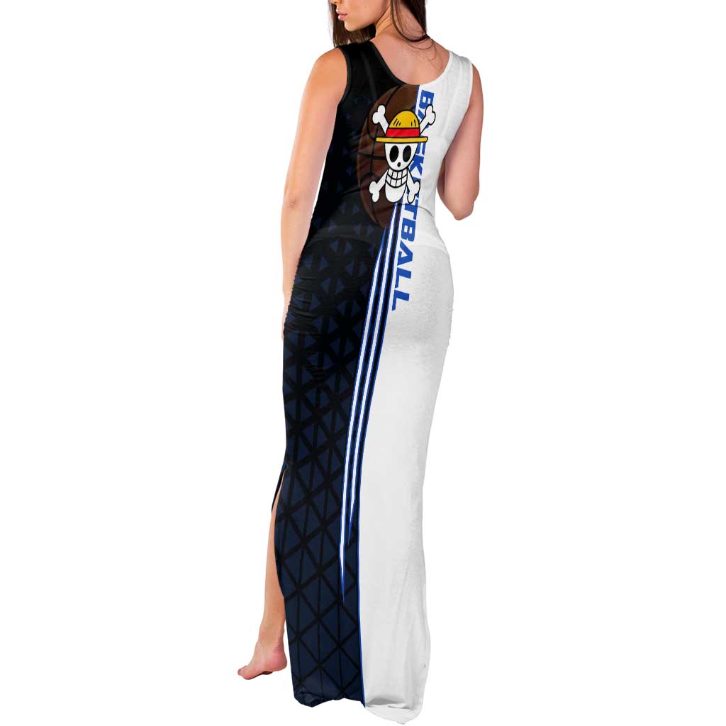 Luffy Gear 5 One Piece Basketball Theme White and Black Design Tank Maxi Dress with Straw Hat Emblem and Dynamic Action Pose - The Mazicc