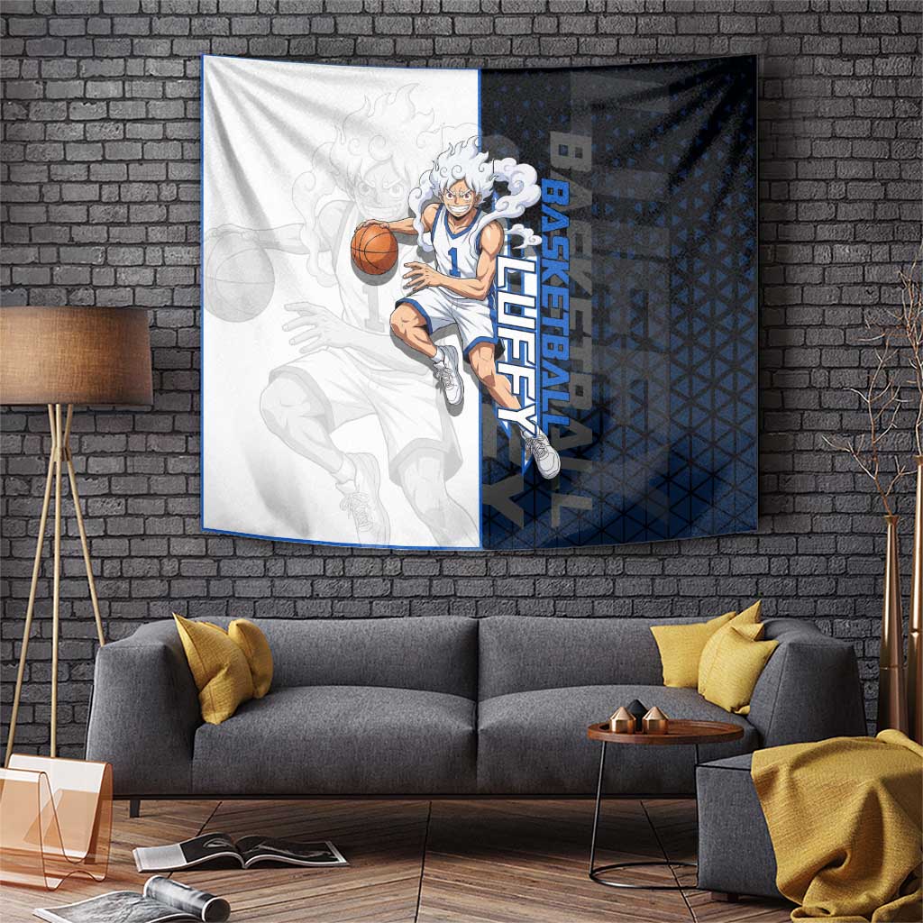 Luffy Gear 5 One Piece Basketball Theme White and Black Design Tapestry with Straw Hat Emblem and Dynamic Action Pose - The Mazicc