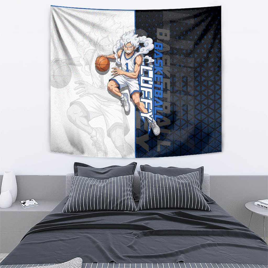 Luffy Gear 5 One Piece Basketball Theme White and Black Design Tapestry with Straw Hat Emblem and Dynamic Action Pose - The Mazicc