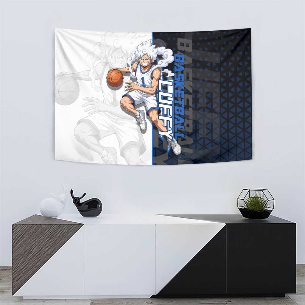 Luffy Gear 5 One Piece Basketball Theme White and Black Design Tapestry with Straw Hat Emblem and Dynamic Action Pose - The Mazicc