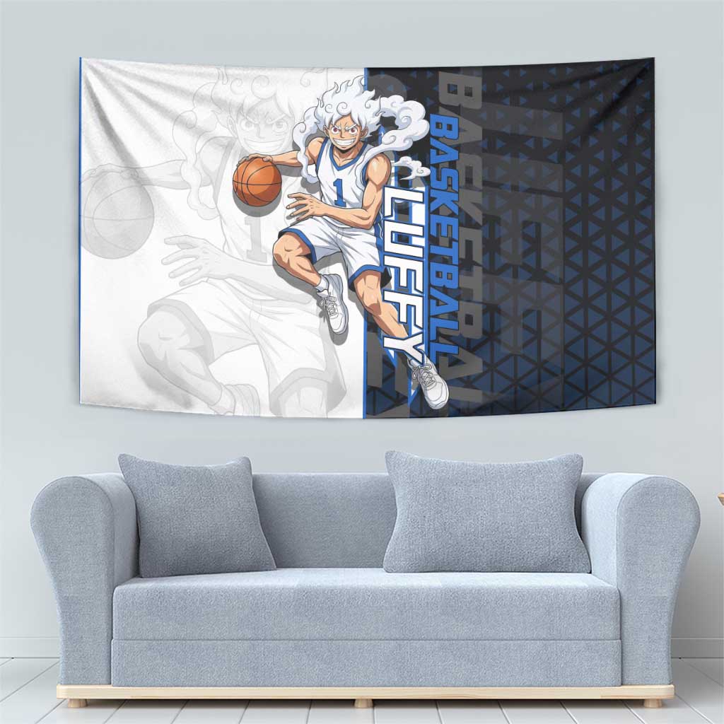 Luffy Gear 5 One Piece Basketball Theme White and Black Design Tapestry with Straw Hat Emblem and Dynamic Action Pose - The Mazicc