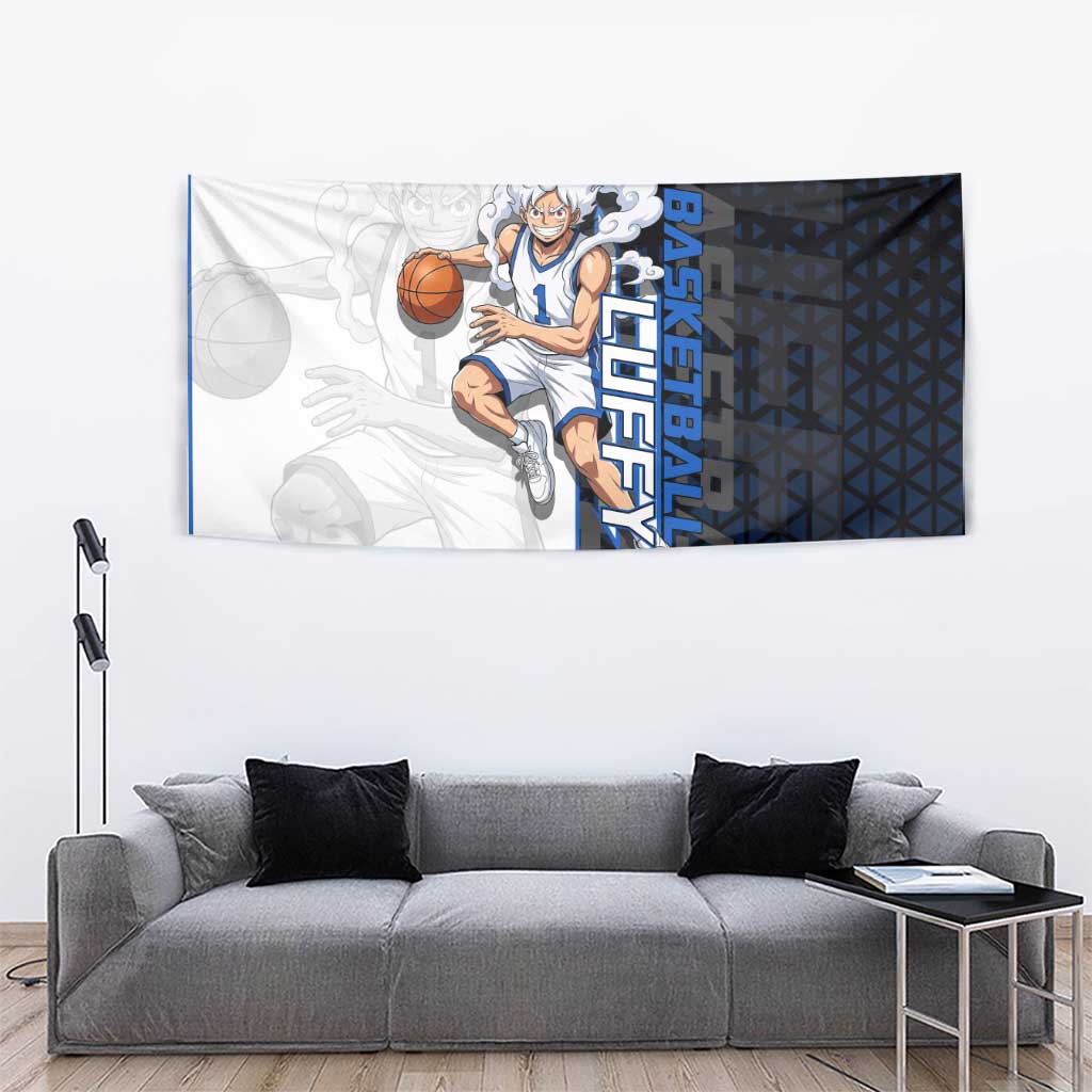 Luffy Gear 5 One Piece Basketball Theme White and Black Design Tapestry with Straw Hat Emblem and Dynamic Action Pose - The Mazicc