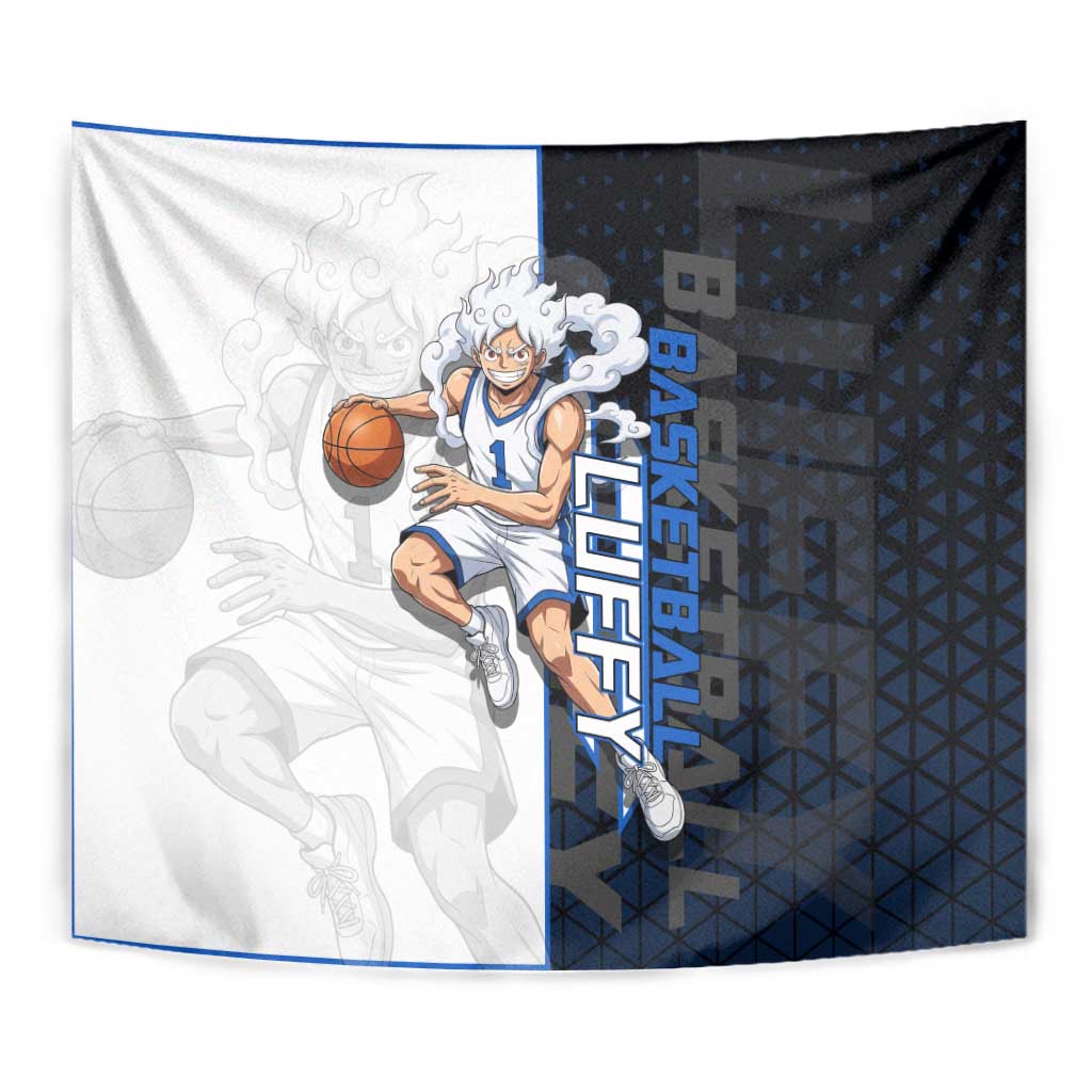Luffy Gear 5 One Piece Basketball Theme White and Black Design Tapestry with Straw Hat Emblem and Dynamic Action Pose - The Mazicc