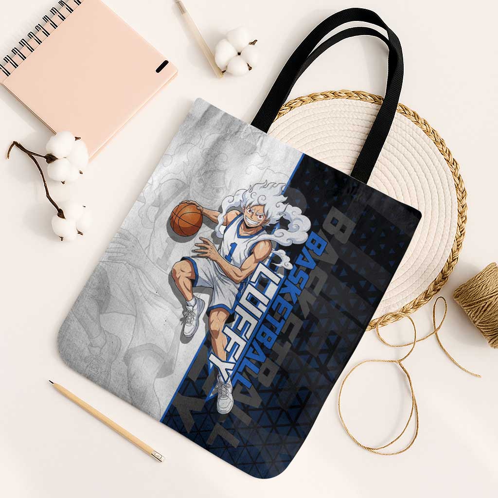 Luffy Gear 5 One Piece Basketball Theme White and Black Design Tote Bag with Straw Hat Emblem and Dynamic Action Pose - The Mazicc