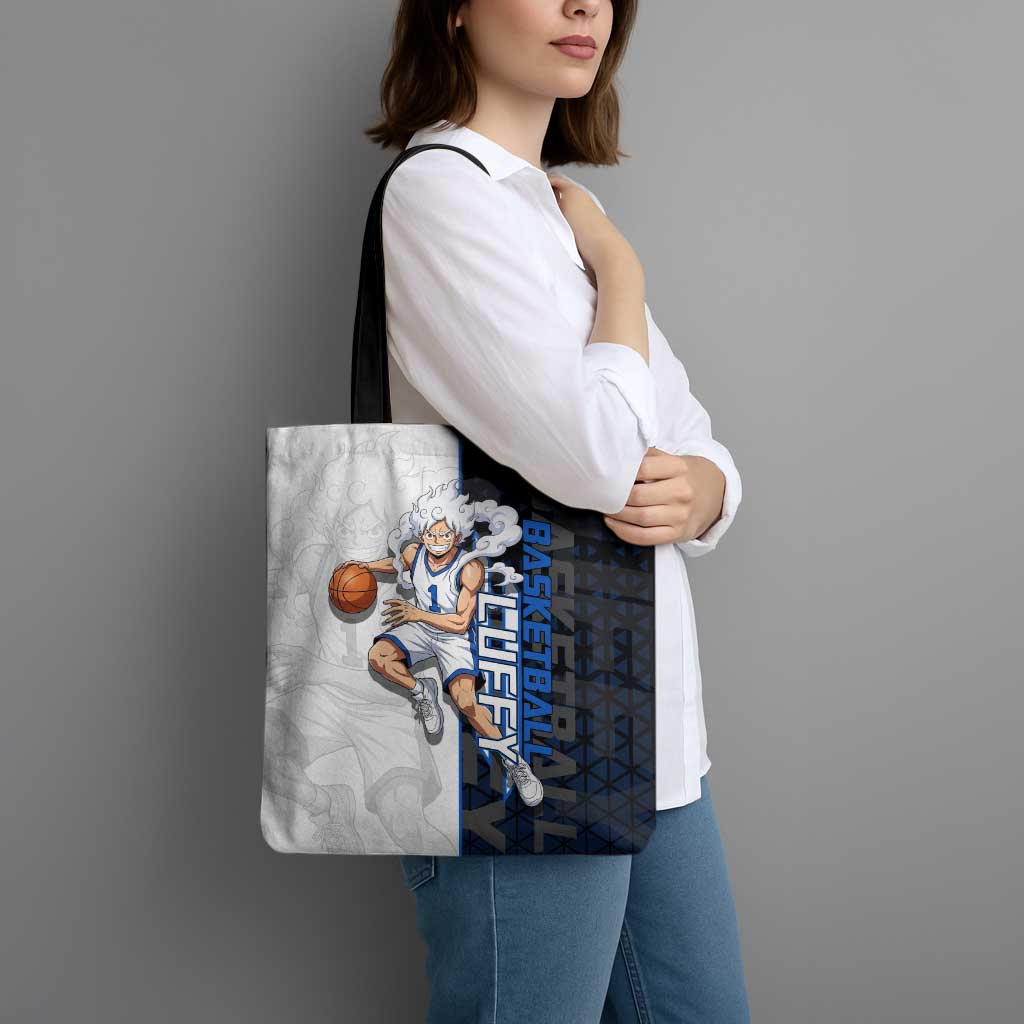 Luffy Gear 5 One Piece Basketball Theme White and Black Design Tote Bag with Straw Hat Emblem and Dynamic Action Pose - The Mazicc