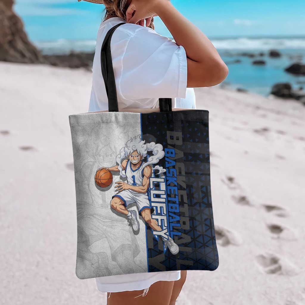 Luffy Gear 5 One Piece Basketball Theme White and Black Design Tote Bag with Straw Hat Emblem and Dynamic Action Pose - The Mazicc