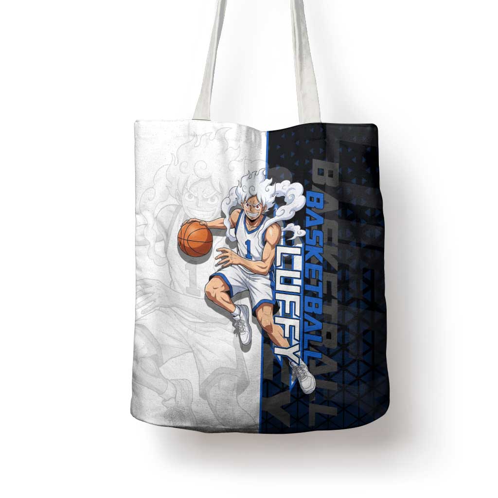 Luffy Gear 5 One Piece Basketball Theme White and Black Design Tote Bag with Straw Hat Emblem and Dynamic Action Pose - The Mazicc