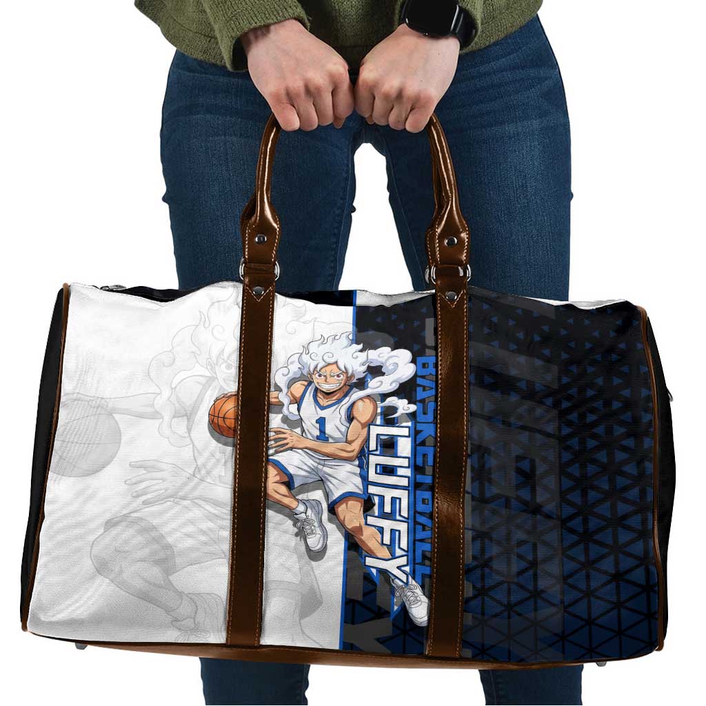 Luffy Gear 5 One Piece Basketball Theme White and Black Design Travel Bag with Straw Hat Emblem and Dynamic Action Pose - The Mazicc