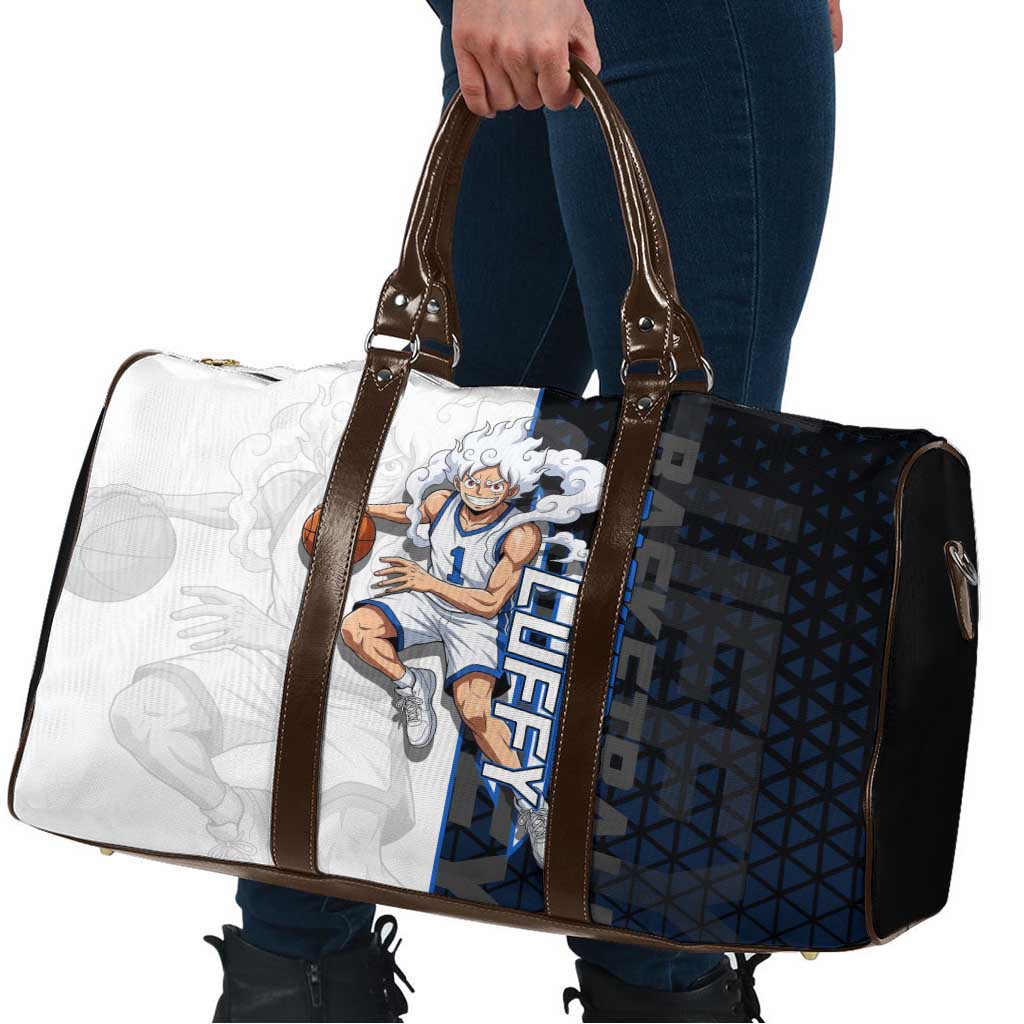 Luffy Gear 5 One Piece Basketball Theme White and Black Design Travel Bag with Straw Hat Emblem and Dynamic Action Pose - The Mazicc