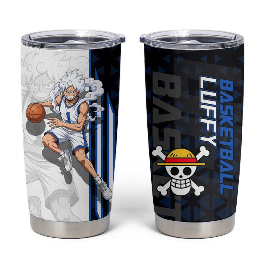 Luffy Gear 5 One Piece Basketball Theme White and Black Design Tumbler Cup with Straw Hat Emblem and Dynamic Action Pose - The Mazicc