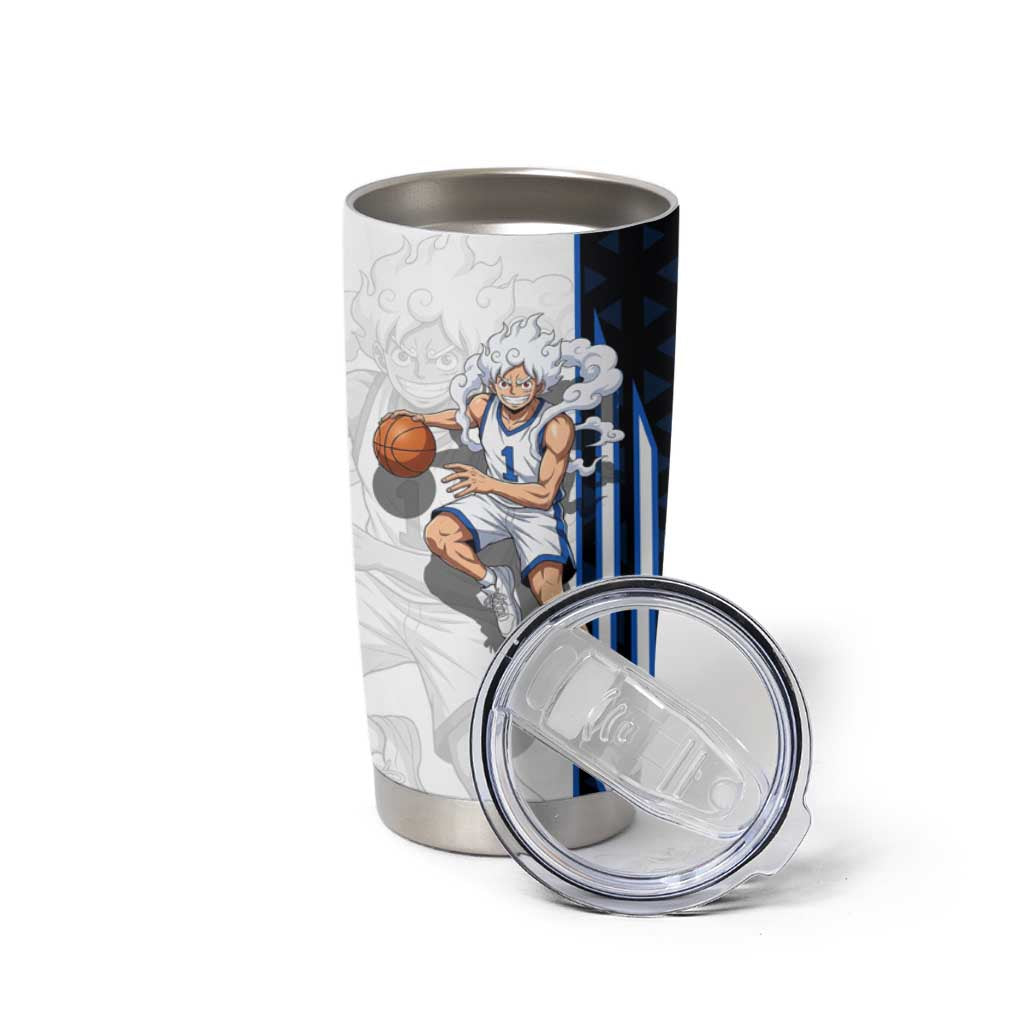 Luffy Gear 5 One Piece Basketball Theme White and Black Design Tumbler Cup with Straw Hat Emblem and Dynamic Action Pose - The Mazicc