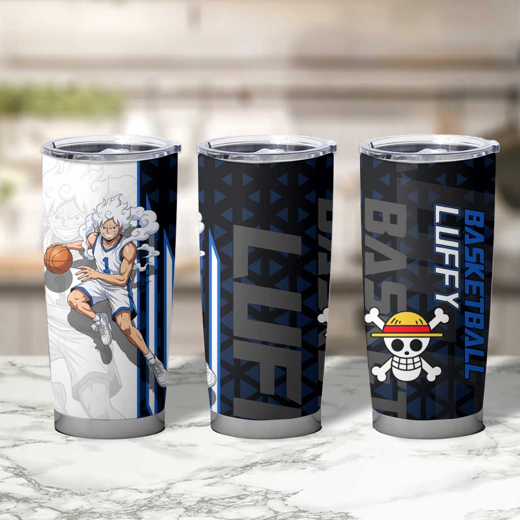 Luffy Gear 5 One Piece Basketball Theme White and Black Design Tumbler Cup with Straw Hat Emblem and Dynamic Action Pose - The Mazicc