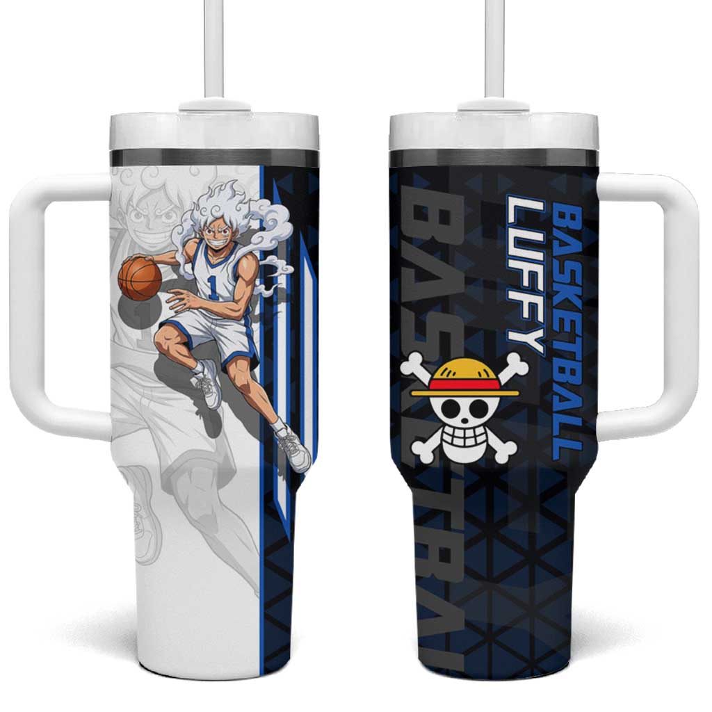 Luffy Gear 5 One Piece Basketball Theme White and Black Design Tumbler With Handle with Straw Hat Emblem and Dynamic Action Pose - The Mazicc