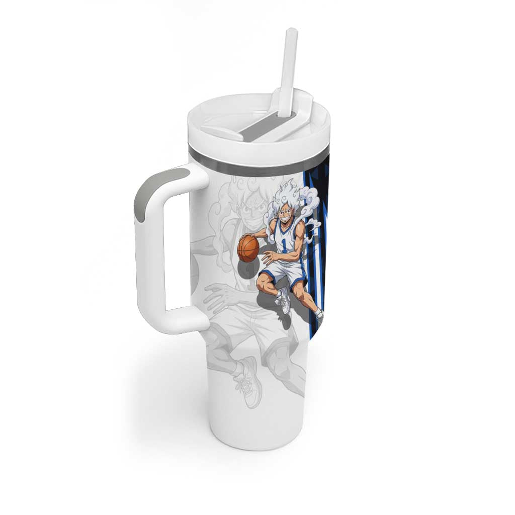 Luffy Gear 5 One Piece Basketball Theme White and Black Design Tumbler With Handle with Straw Hat Emblem and Dynamic Action Pose - The Mazicc