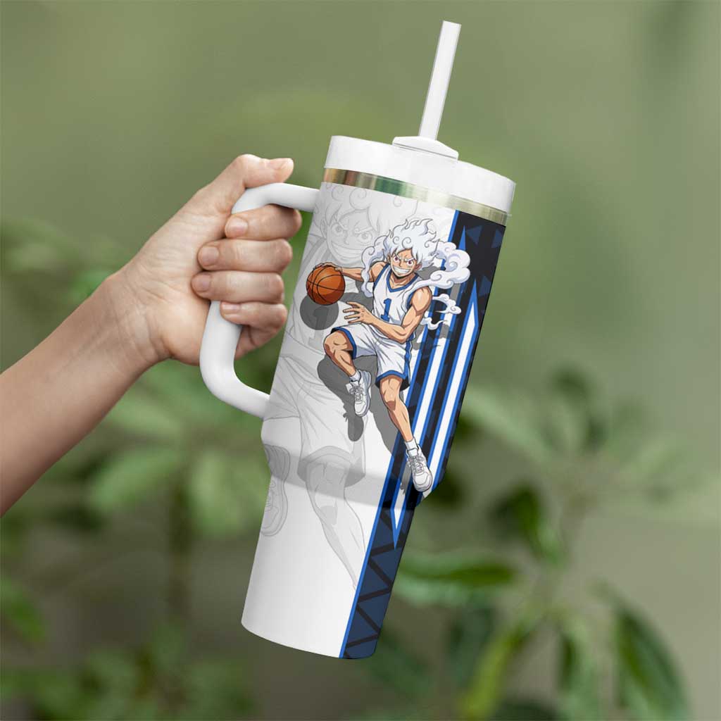 Luffy Gear 5 One Piece Basketball Theme White and Black Design Tumbler With Handle with Straw Hat Emblem and Dynamic Action Pose - The Mazicc