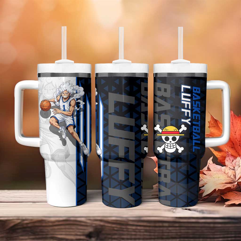 Luffy Gear 5 One Piece Basketball Theme White and Black Design Tumbler With Handle with Straw Hat Emblem and Dynamic Action Pose - The Mazicc