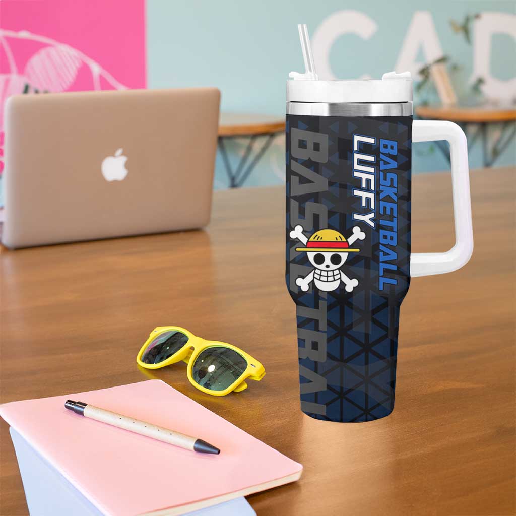 Luffy Gear 5 One Piece Basketball Theme White and Black Design Tumbler With Handle with Straw Hat Emblem and Dynamic Action Pose - The Mazicc