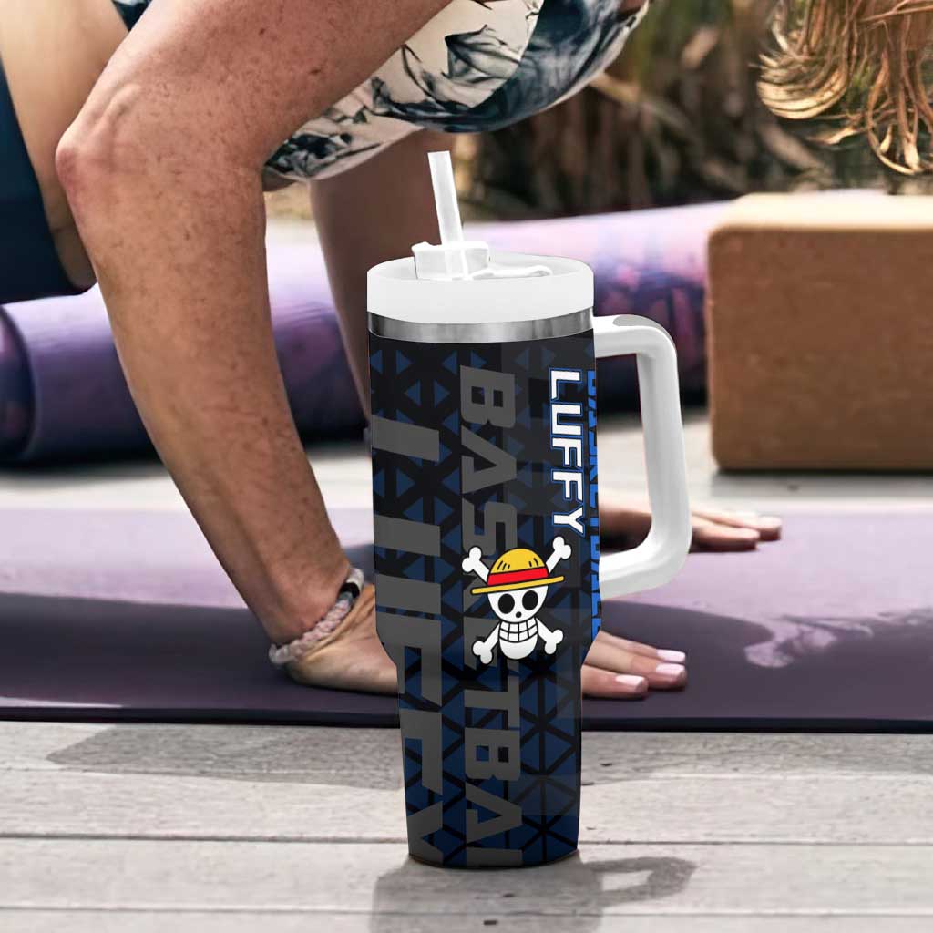 Luffy Gear 5 One Piece Basketball Theme White and Black Design Tumbler With Handle with Straw Hat Emblem and Dynamic Action Pose - The Mazicc