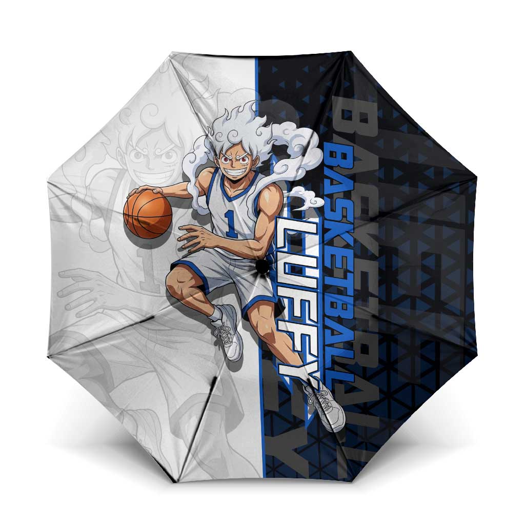 Luffy Gear 5 One Piece Basketball Theme White and Black Design Umbrella with Straw Hat Emblem and Dynamic Action Pose - The Mazicc