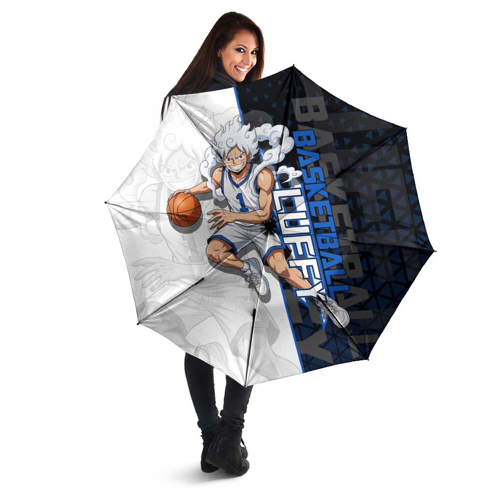 Luffy Gear 5 One Piece Basketball Theme White and Black Design Umbrella with Straw Hat Emblem and Dynamic Action Pose - The Mazicc