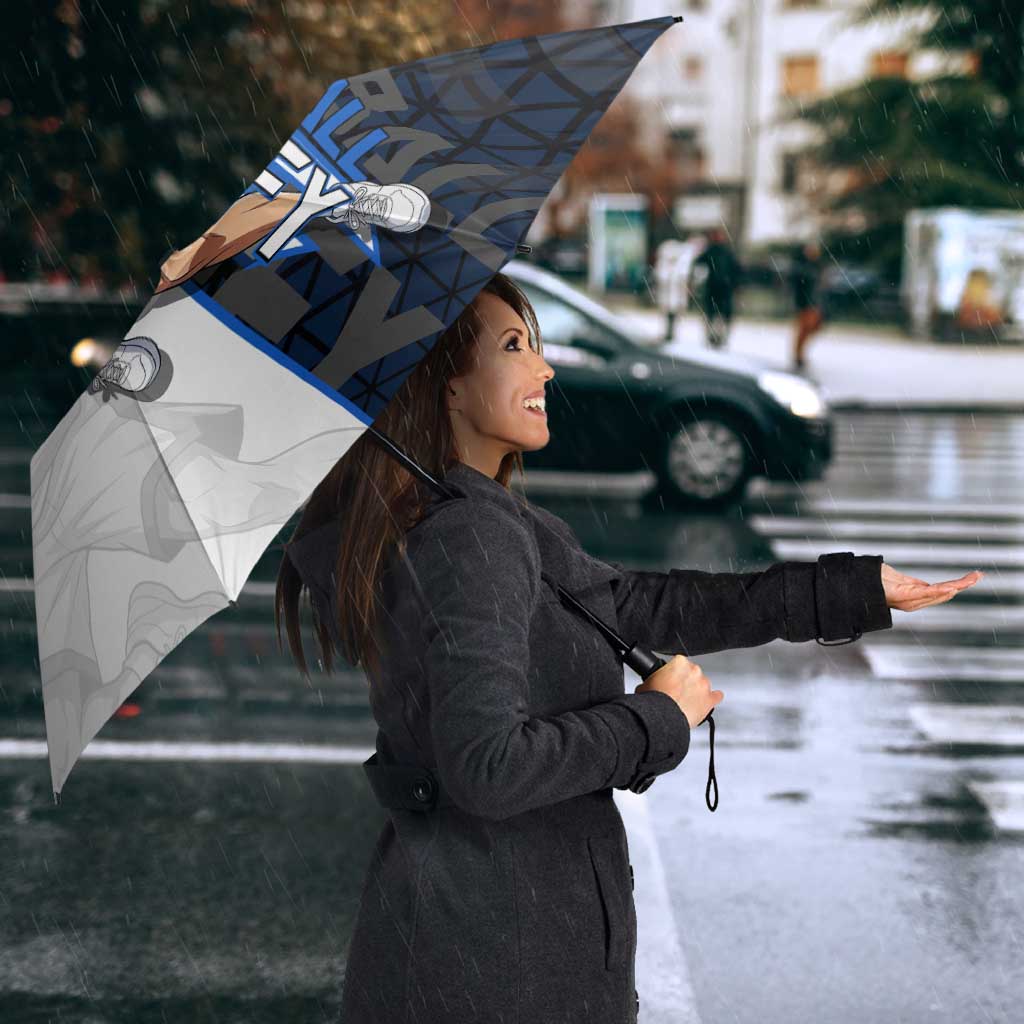 Luffy Gear 5 One Piece Basketball Theme White and Black Design Umbrella with Straw Hat Emblem and Dynamic Action Pose - The Mazicc