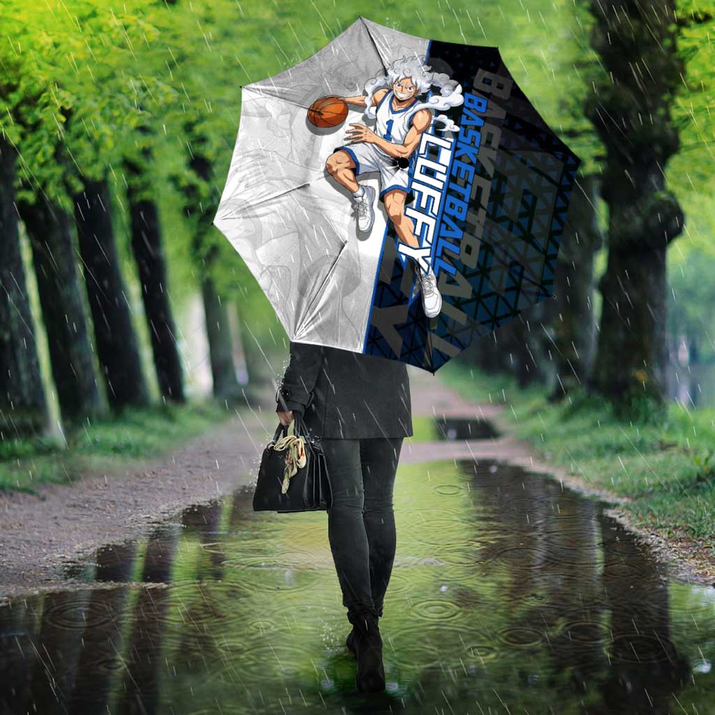 Luffy Gear 5 One Piece Basketball Theme White and Black Design Umbrella with Straw Hat Emblem and Dynamic Action Pose - The Mazicc