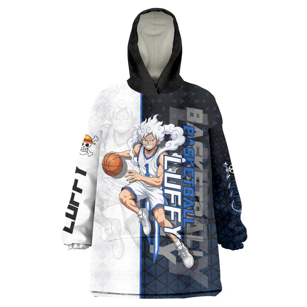 Luffy Gear 5 One Piece Basketball Theme White and Black Design Wearable Blanket Hoodie with Straw Hat Emblem and Dynamic Action Pose - The Mazicc