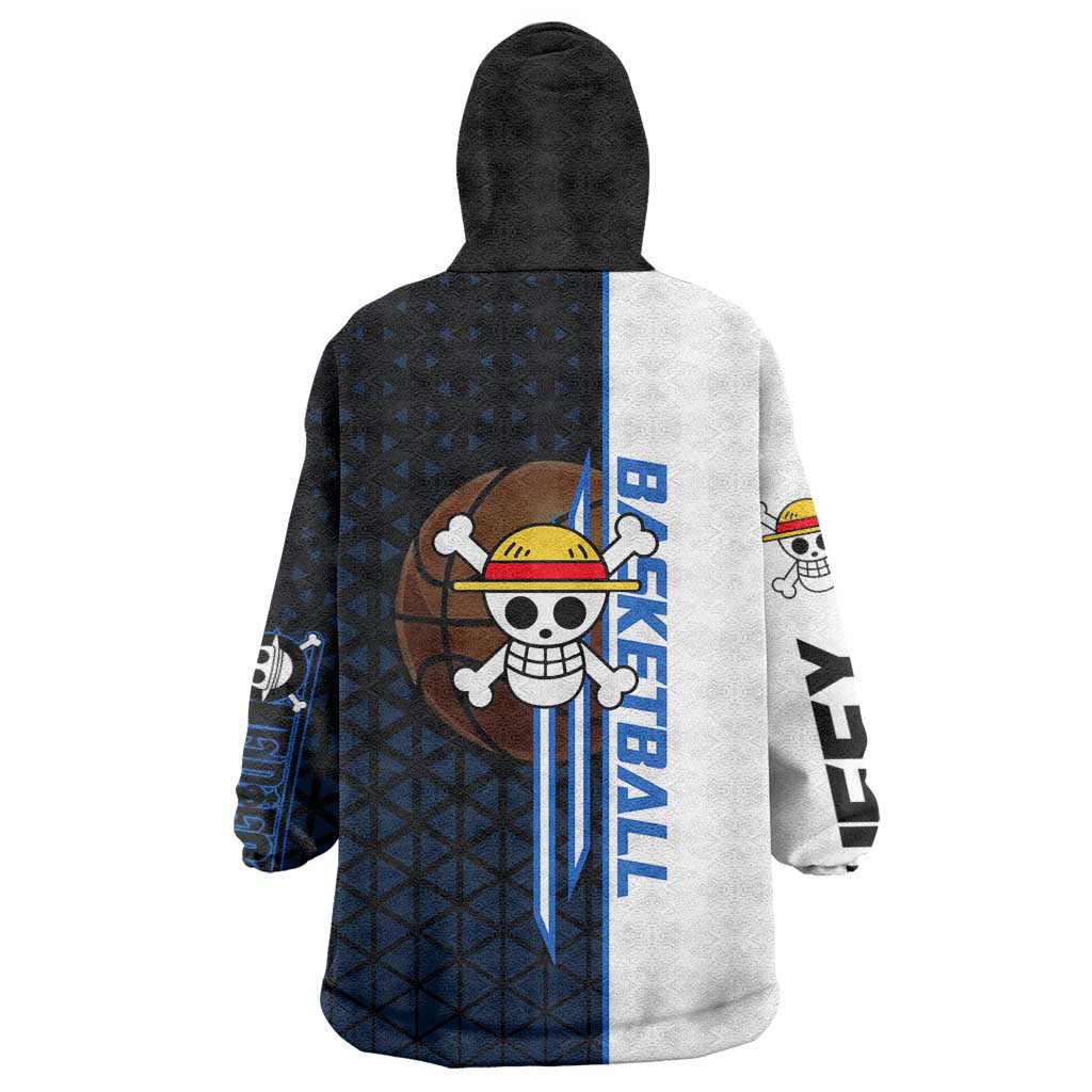 Luffy Gear 5 One Piece Basketball Theme White and Black Design Wearable Blanket Hoodie with Straw Hat Emblem and Dynamic Action Pose - The Mazicc