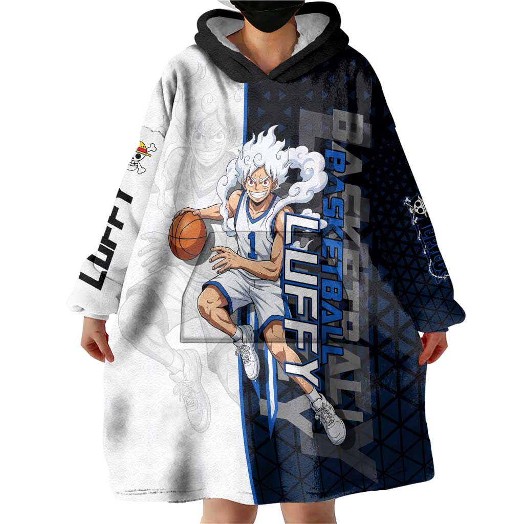 Luffy Gear 5 One Piece Basketball Theme White and Black Design Wearable Blanket Hoodie with Straw Hat Emblem and Dynamic Action Pose - The Mazicc