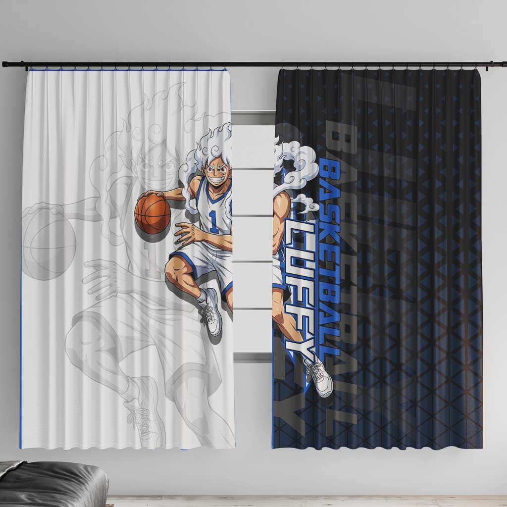 Luffy Gear 5 One Piece Basketball Theme White and Black Design Window Curtain with Straw Hat Emblem and Dynamic Action Pose - The Mazicc