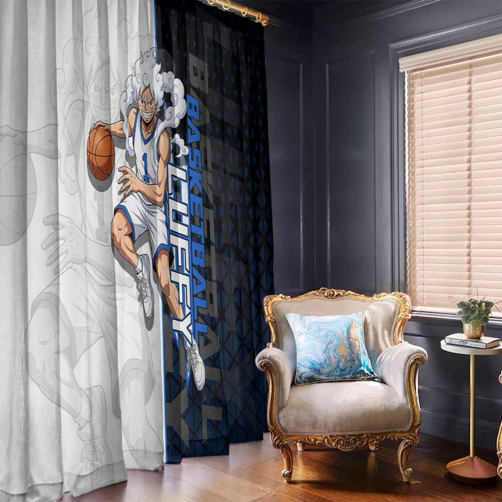 Luffy Gear 5 One Piece Basketball Theme White and Black Design Window Curtain with Straw Hat Emblem and Dynamic Action Pose - The Mazicc