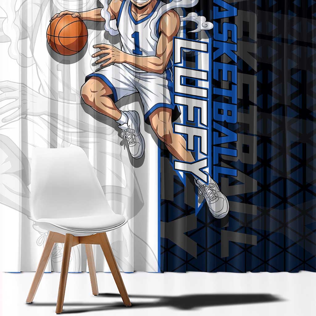 Luffy Gear 5 One Piece Basketball Theme White and Black Design Window Curtain with Straw Hat Emblem and Dynamic Action Pose - The Mazicc