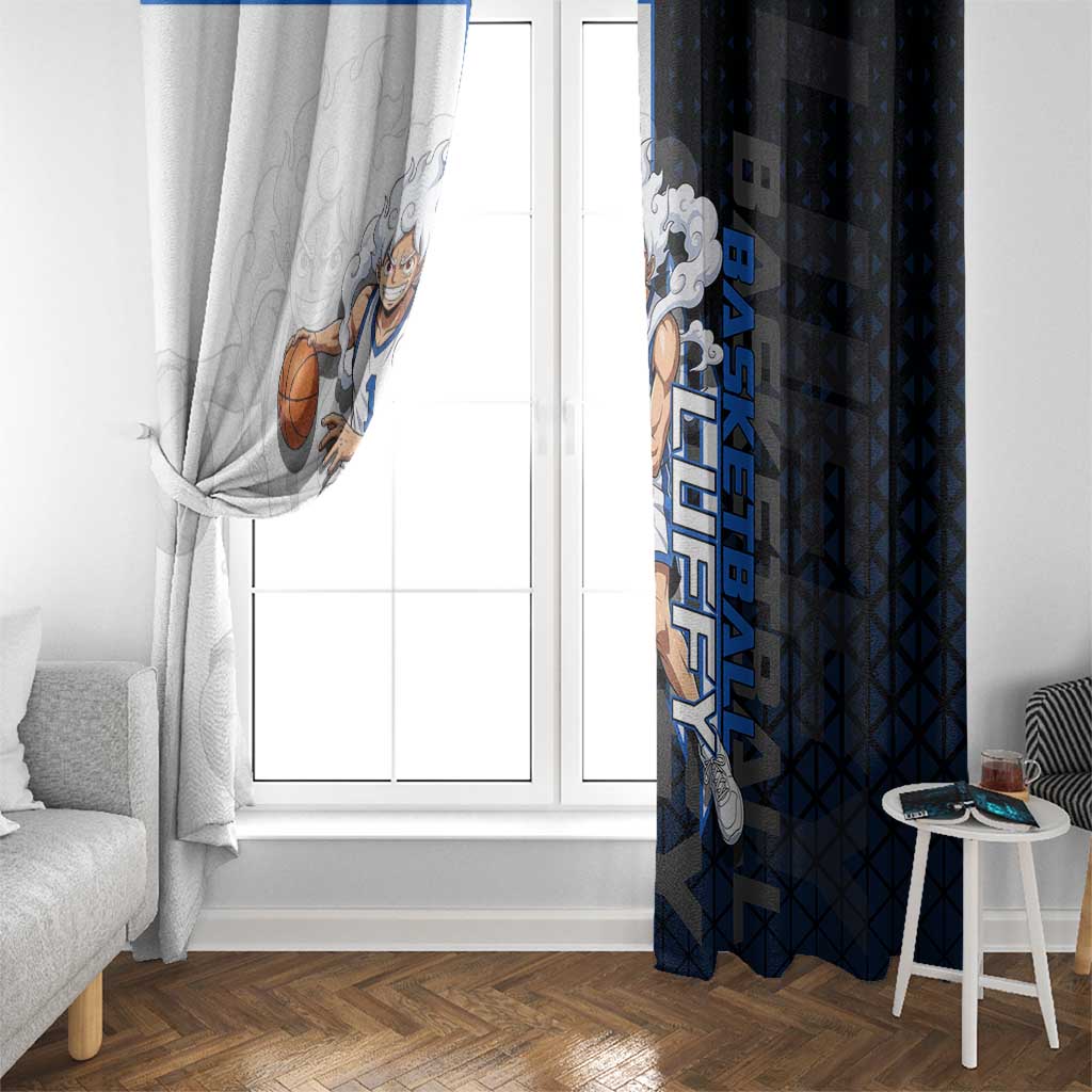 Luffy Gear 5 One Piece Basketball Theme White and Black Design Window Curtain with Straw Hat Emblem and Dynamic Action Pose - The Mazicc