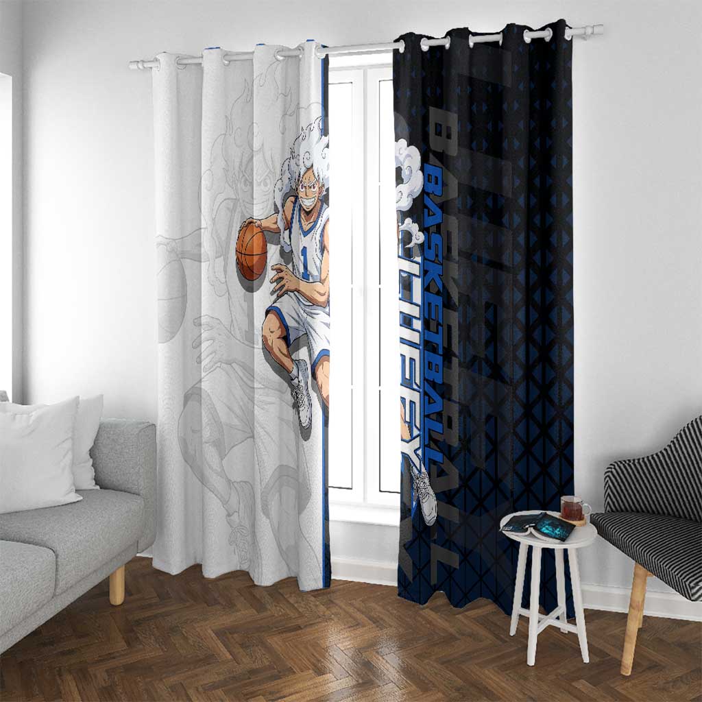 Luffy Gear 5 One Piece Basketball Theme White and Black Design Window Curtain with Straw Hat Emblem and Dynamic Action Pose - The Mazicc