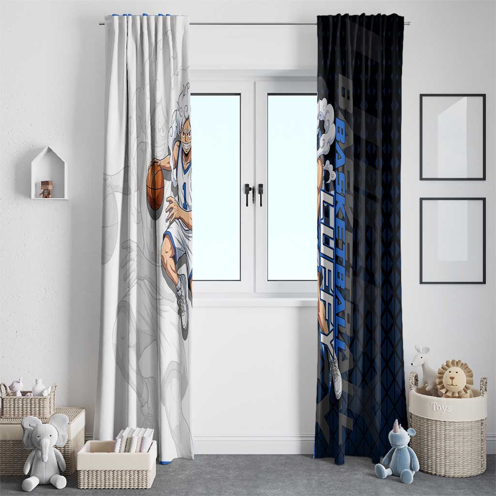 Luffy Gear 5 One Piece Basketball Theme White and Black Design Window Curtain with Straw Hat Emblem and Dynamic Action Pose - The Mazicc