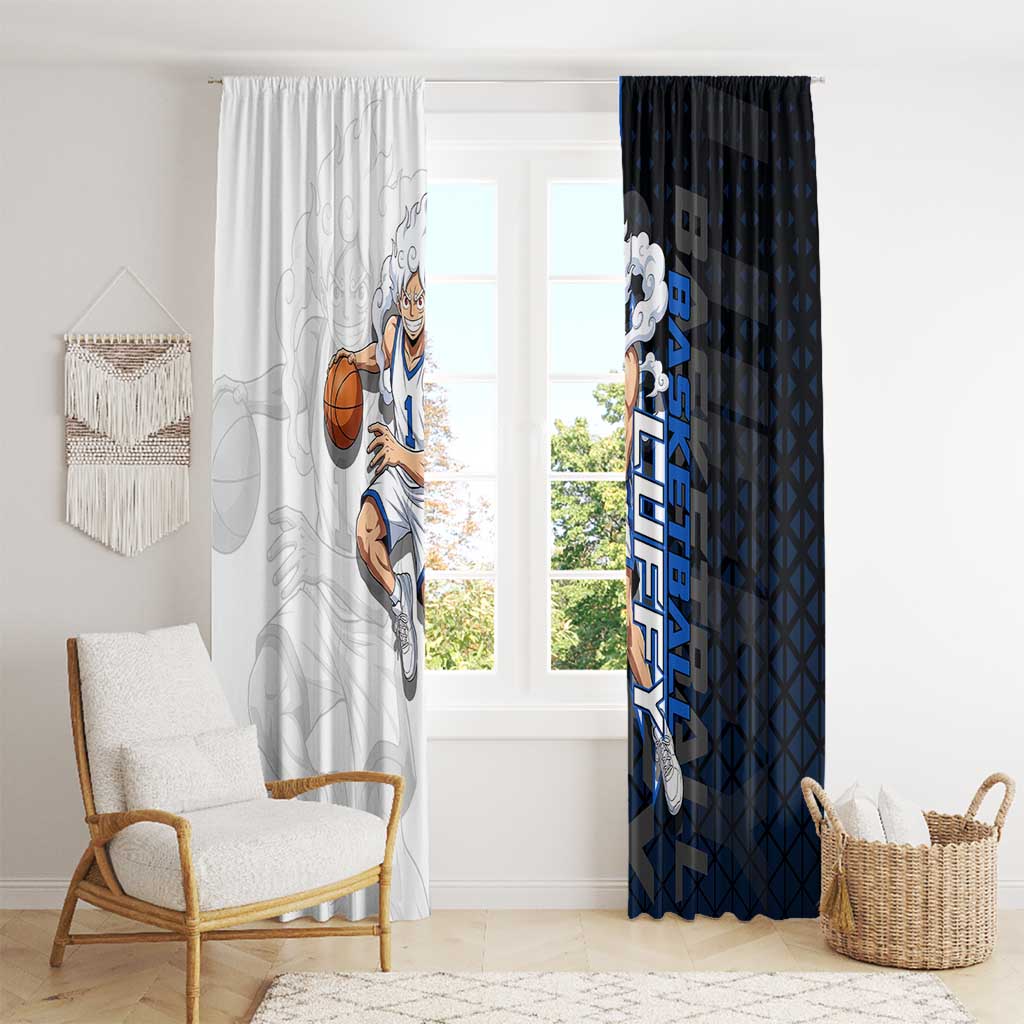 Luffy Gear 5 One Piece Basketball Theme White and Black Design Window Curtain with Straw Hat Emblem and Dynamic Action Pose - The Mazicc