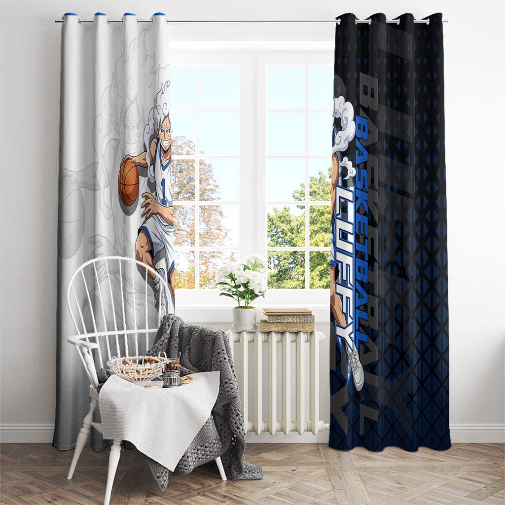 Luffy Gear 5 One Piece Basketball Theme White and Black Design Window Curtain with Straw Hat Emblem and Dynamic Action Pose - The Mazicc
