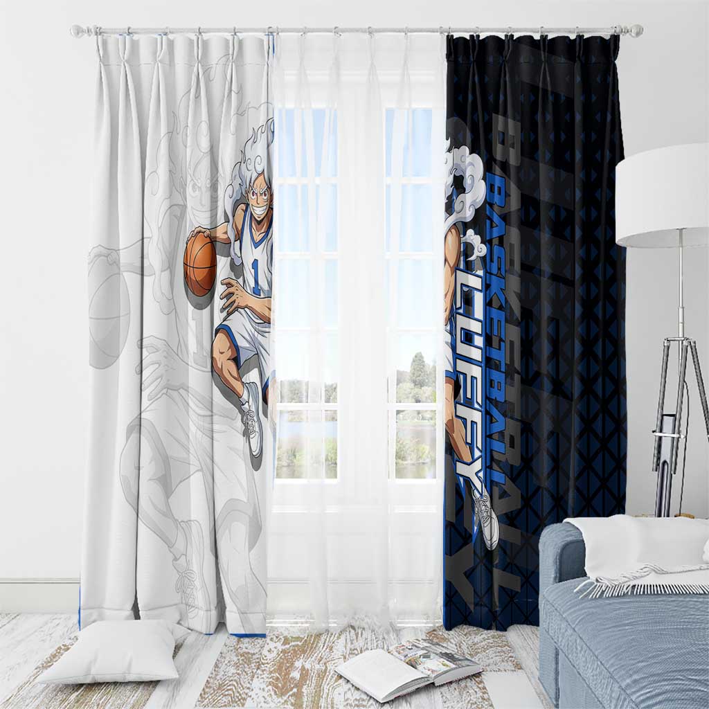 Luffy Gear 5 One Piece Basketball Theme White and Black Design Window Curtain with Straw Hat Emblem and Dynamic Action Pose - The Mazicc