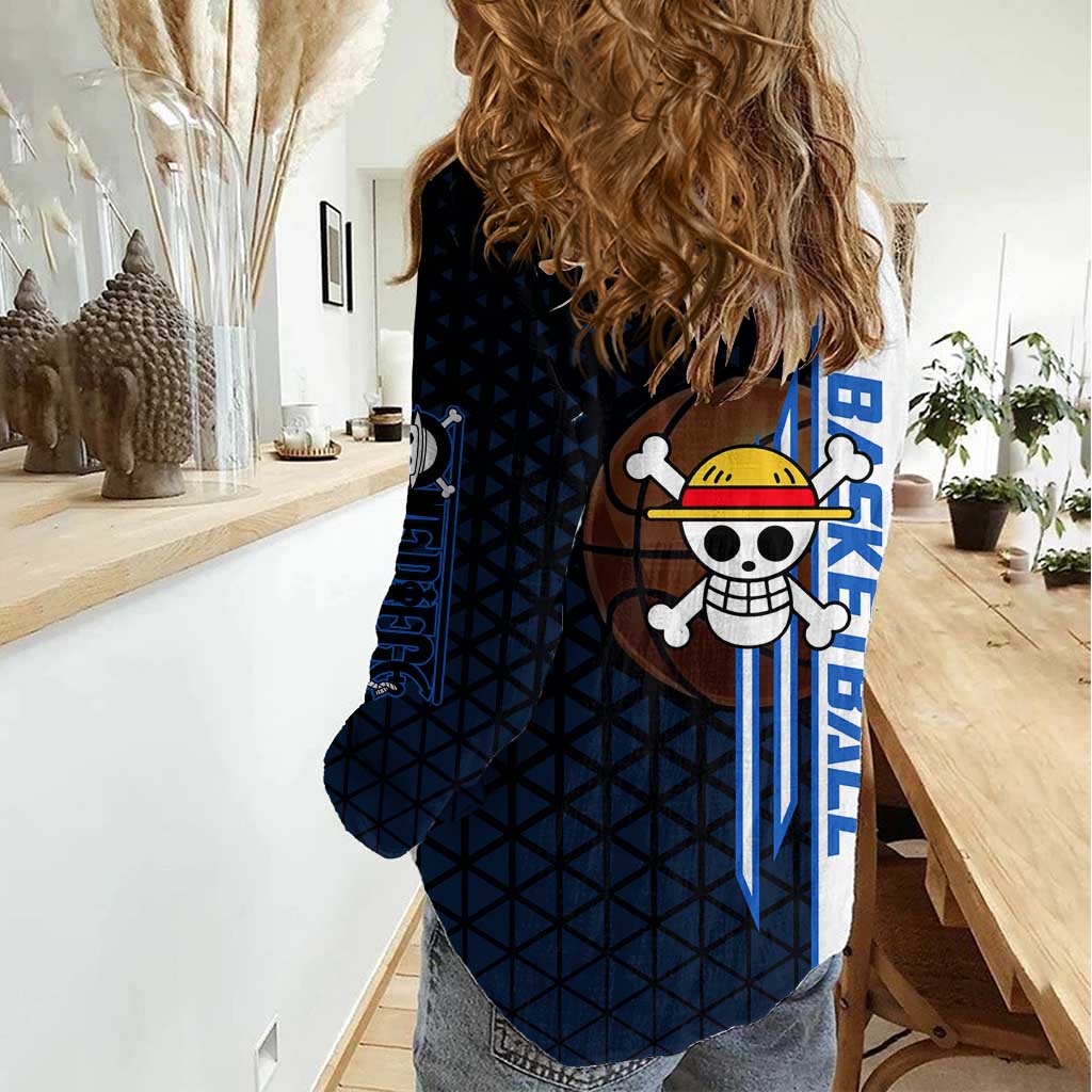 Luffy Gear 5 One Piece Basketball Theme White and Black Design Women Casual Shirt with Straw Hat Emblem and Dynamic Action Pose - The Mazicc