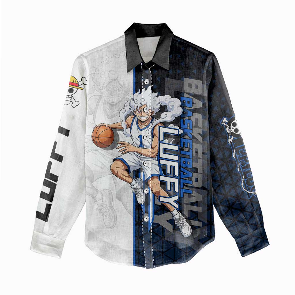 Luffy Gear 5 One Piece Basketball Theme White and Black Design Women Casual Shirt with Straw Hat Emblem and Dynamic Action Pose - The Mazicc