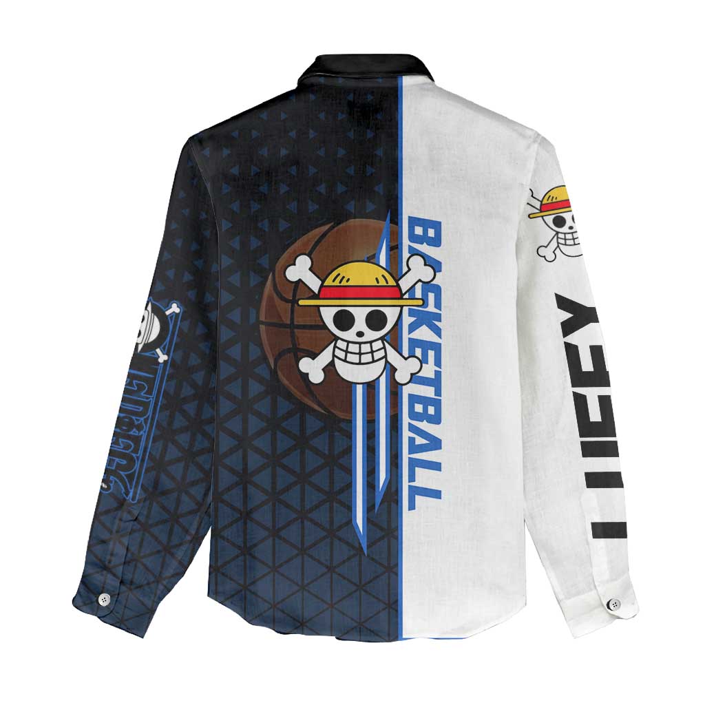 Luffy Gear 5 One Piece Basketball Theme White and Black Design Women Casual Shirt with Straw Hat Emblem and Dynamic Action Pose - The Mazicc
