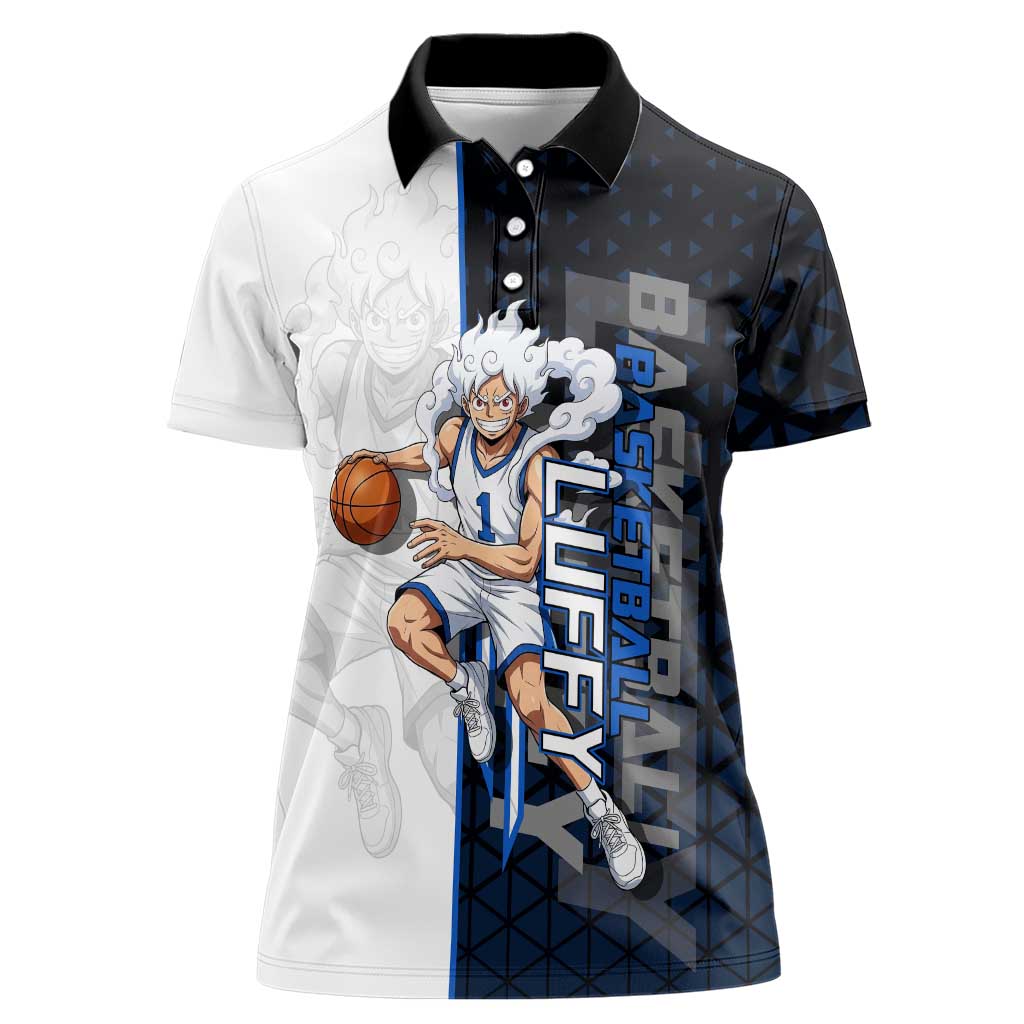 Luffy Gear 5 One Piece Basketball Theme White and Black Design Women Polo Shirt with Straw Hat Emblem and Dynamic Action Pose - The Mazicc