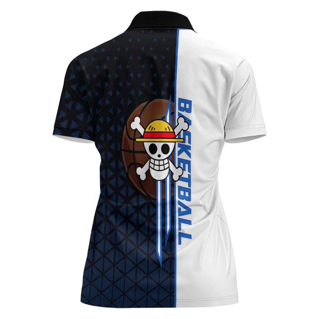 Luffy Gear 5 One Piece Basketball Theme White and Black Design Women Polo Shirt with Straw Hat Emblem and Dynamic Action Pose - The Mazicc