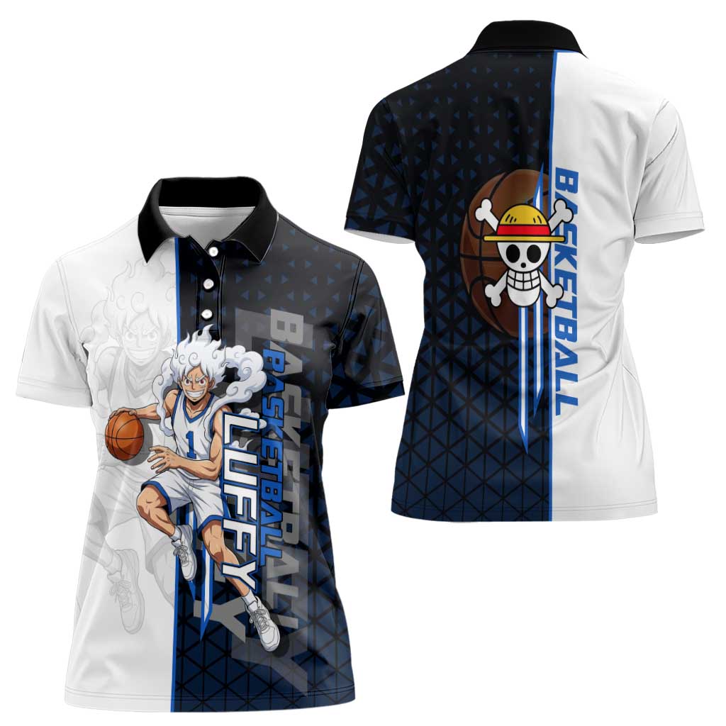 Luffy Gear 5 One Piece Basketball Theme White and Black Design Women Polo Shirt with Straw Hat Emblem and Dynamic Action Pose - The Mazicc