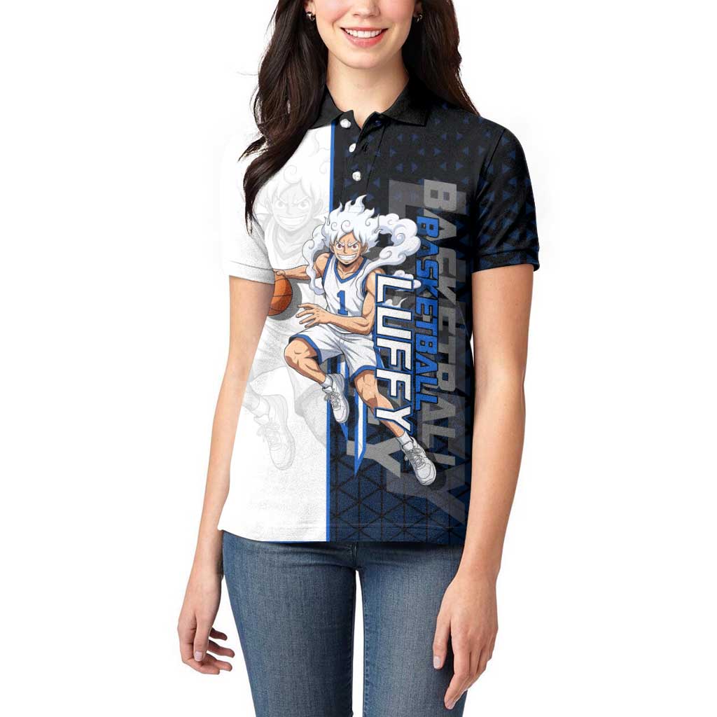 Luffy Gear 5 One Piece Basketball Theme White and Black Design Women Polo Shirt with Straw Hat Emblem and Dynamic Action Pose - The Mazicc