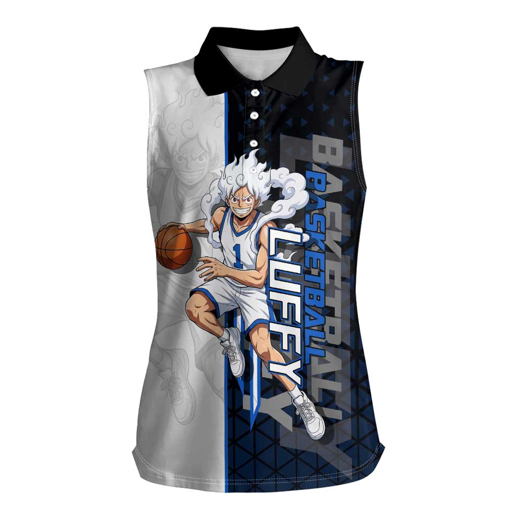 Luffy Gear 5 One Piece Basketball Theme White and Black Design Women Sleeveless Polo Shirt with Straw Hat Emblem and Dynamic Action Pose - The Mazicc