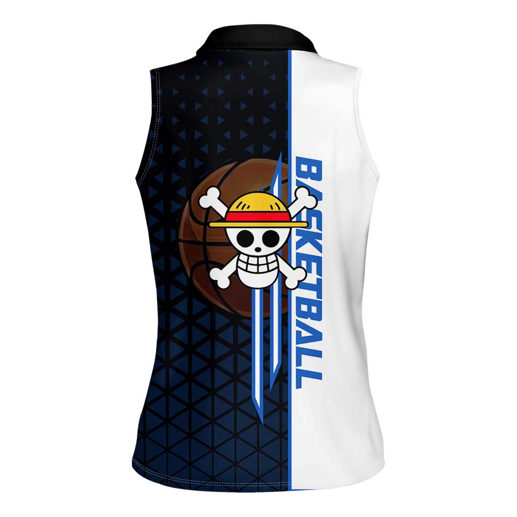 Luffy Gear 5 One Piece Basketball Theme White and Black Design Women Sleeveless Polo Shirt with Straw Hat Emblem and Dynamic Action Pose - The Mazicc