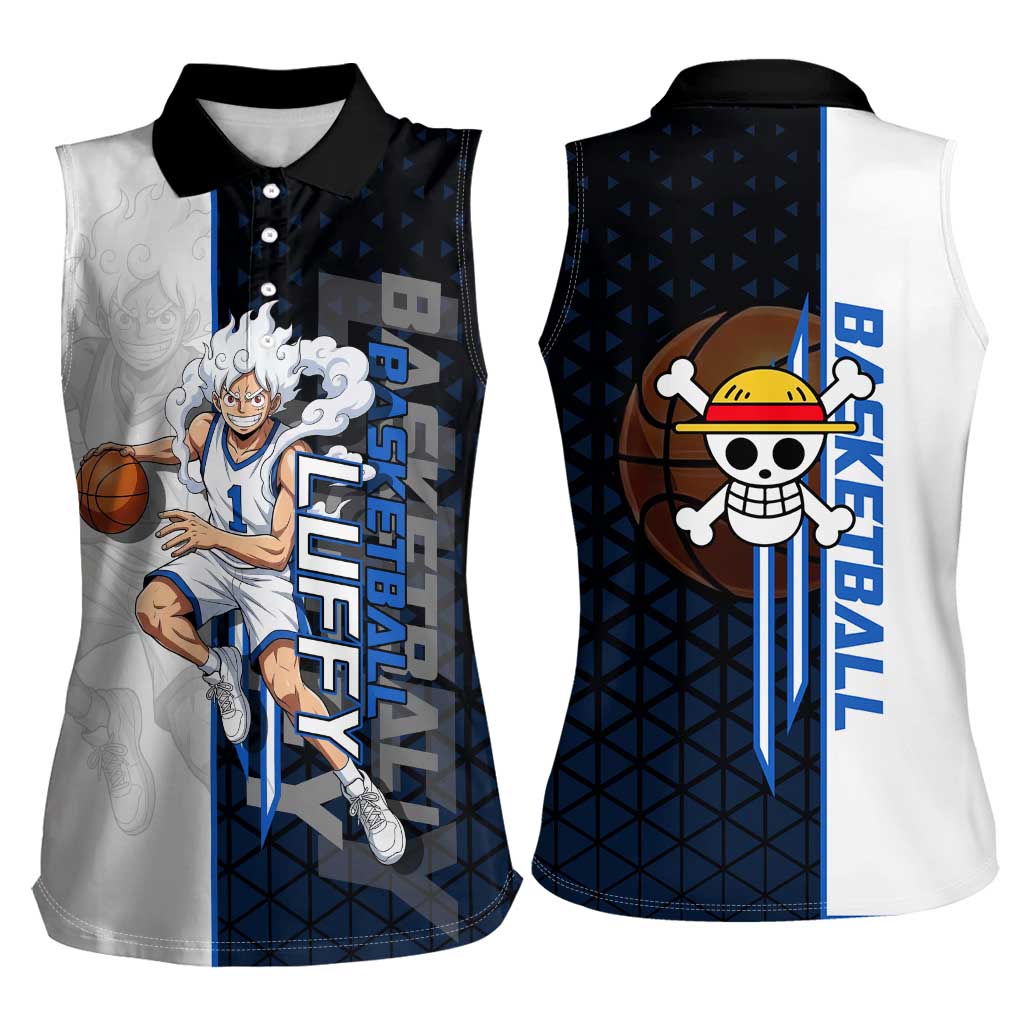 Luffy Gear 5 One Piece Basketball Theme White and Black Design Women Sleeveless Polo Shirt with Straw Hat Emblem and Dynamic Action Pose - The Mazicc