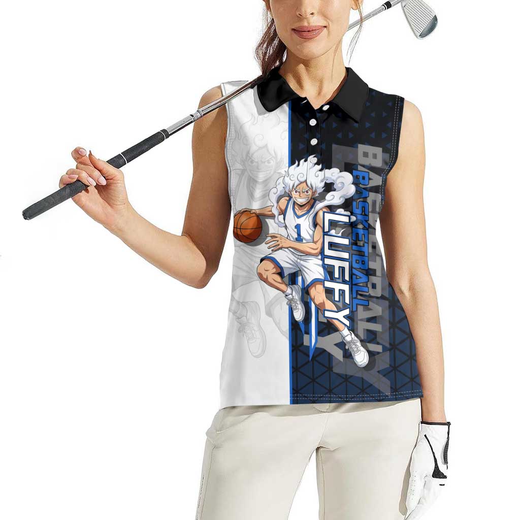 Luffy Gear 5 One Piece Basketball Theme White and Black Design Women Sleeveless Polo Shirt with Straw Hat Emblem and Dynamic Action Pose - The Mazicc