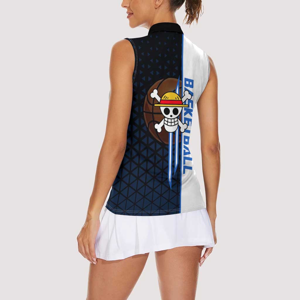 Luffy Gear 5 One Piece Basketball Theme White and Black Design Women Sleeveless Polo Shirt with Straw Hat Emblem and Dynamic Action Pose - The Mazicc